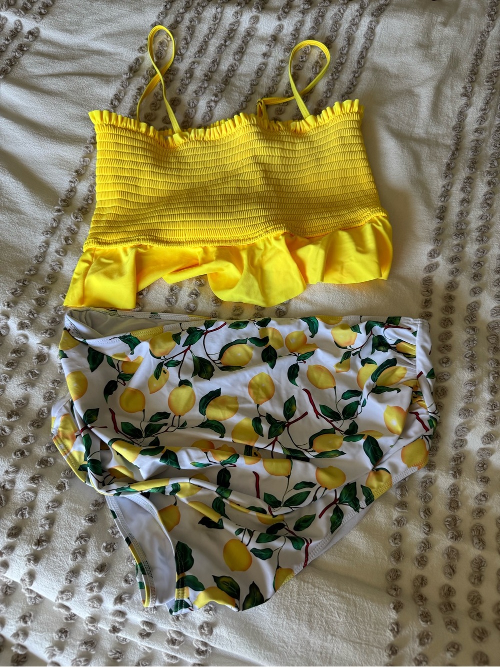Yellow Smocked Ruffle Bikini Top with Lemon-Print High Waist Bottoms